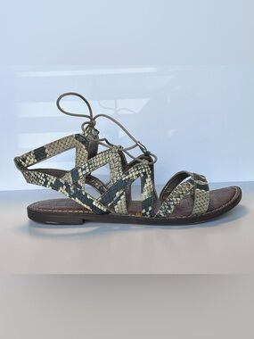 SAM EDELMAN Gemma Gladiator Lace-Up Snakeskin Sandals Black Cream Size 8.5